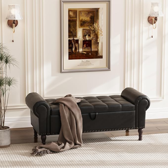 Apicizon 51” Bench with Storage, Queen Size Faux Leather End of Bed Bench with Tufted Button, Ottoman Bench with Rolled Arms & Vintage Rivets for Foot of Bed, Living Room, Entrance, Black