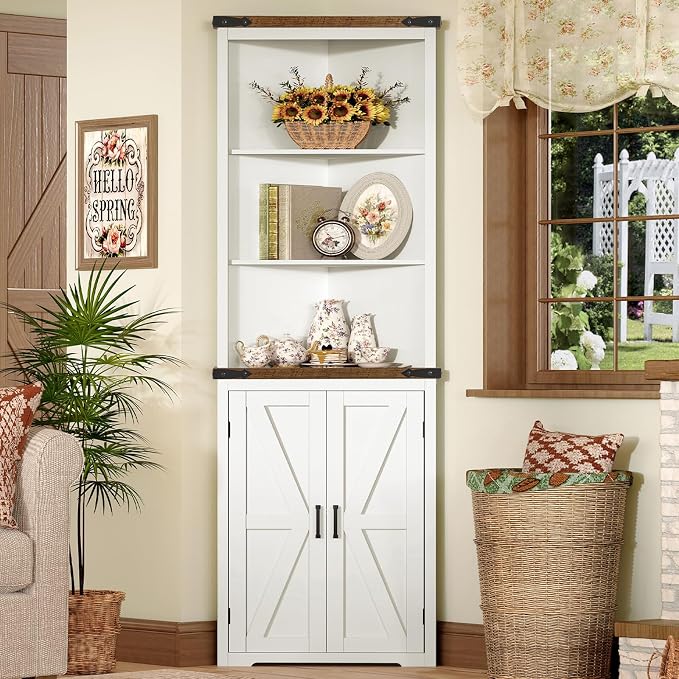Farmhouse Corner Cabinet, 70" H Tall Corner Hutch with 5 Shelves & 2 Barn Doors, Bathroom Cabinet with Adjustable Shelf, for Living Room, Kitchen, Bathroom, White