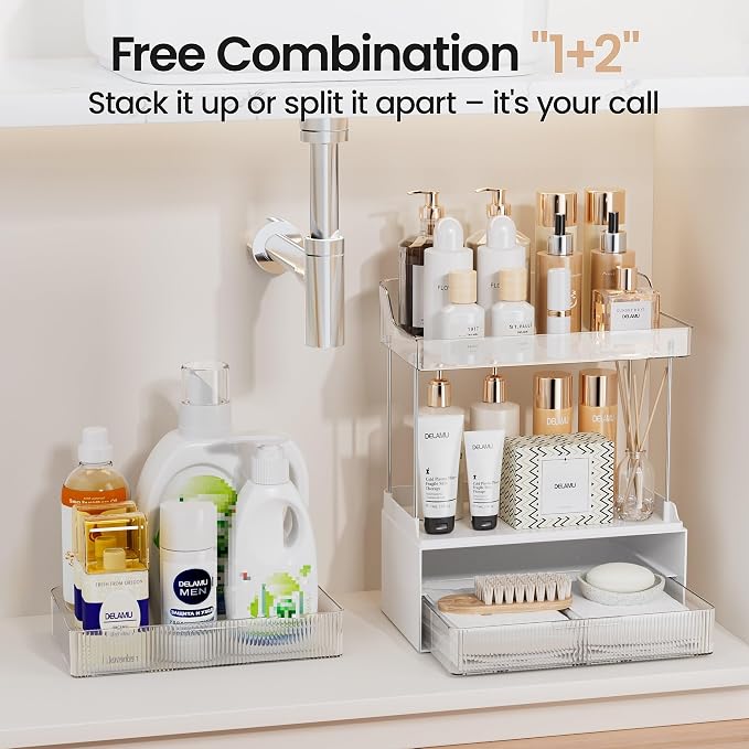 Delamu 4-Tier Makeup Organizer, Bathroom Counter, 2 Drawers,Clear 2Pack | Elegant Vanity Organizer Gift for Women, Holds Perfume, Skincare, Nail Polish & Hair Accessories for Bathroom Countertop