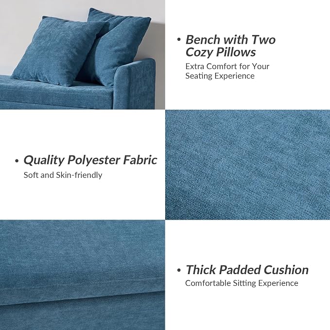 HULALA HOME 59" Storage Bench with 2 Throw Pillows & Armrests, Teal | Modern Long Bedroom Bench for End of Bed, Comfy Upholstered Fabric Footstool for Entryway Living Room
