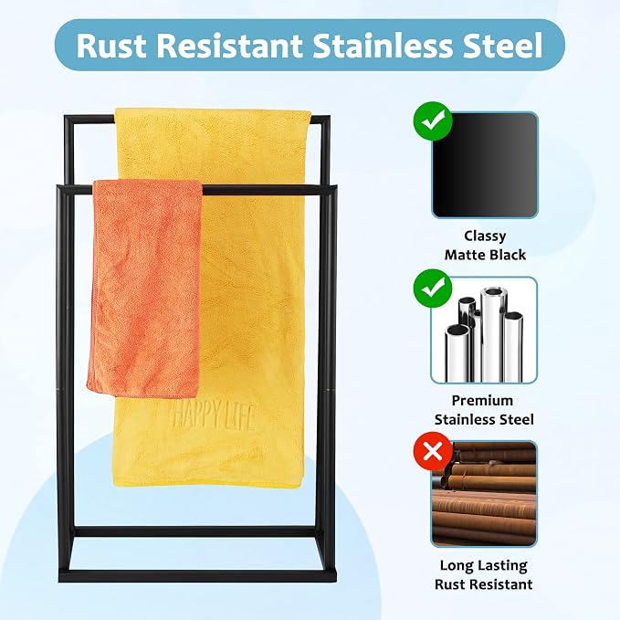 Free Standing Towel Rack, 2 Tier Towel Racks for Bathroom, Modern Outdoor Towel Drying Rack for Poolside, Black, DECLUTTR