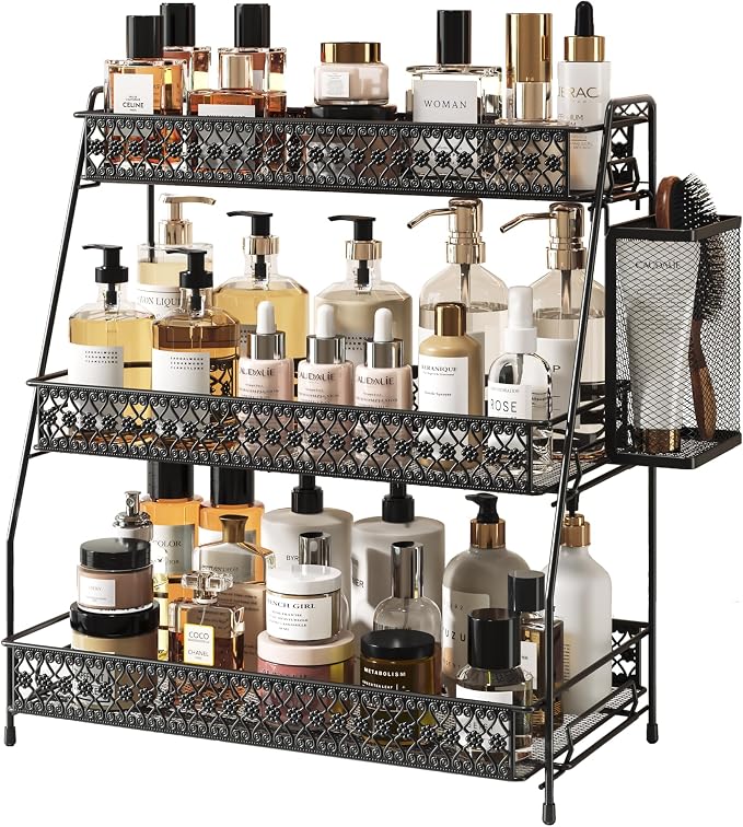 Vintage 3 Tier Spice Rack Organizer for Kitchen Counter, Bathroom Counter Organizer with Bonus Basket, 3 Tier Bathroom Counter Organizer for Spices Makeup Perfumes, Retro Countertop Organizer