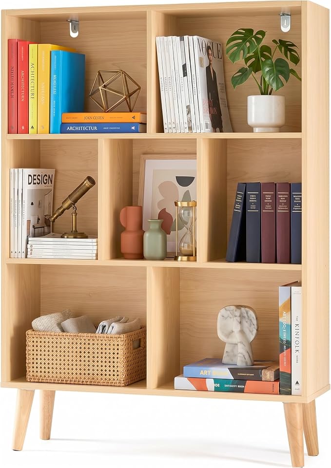 HealSmart 7 Cube Storage Organizer, 3 Tier Bookshelf with Legs, Free Standing Cube Bookcase for Living Room, Bedroom, Office, Wood