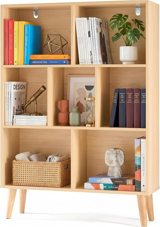 HealSmart 7 Cube Storage Organizer, 3 Tier Bookshelf with Legs, Free Standing Cube Bookcase for Living Room, Bedroom, Office, Wood