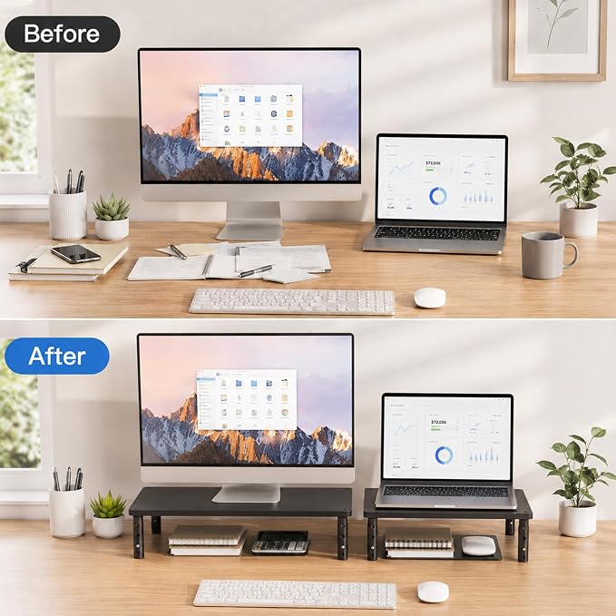 Desk Organizers and Accessories, Adjustable Computer Monitor Stand Riser, Laptop Stand for Desk, Office Desk Accessories & Workspace Organizers for Home Office, Black Wood