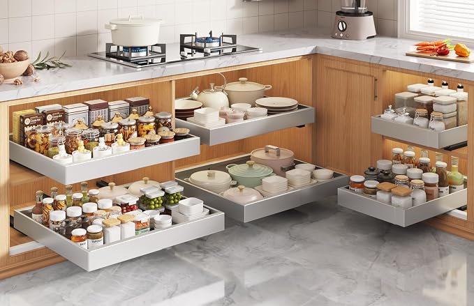 Seinloes 4 Pack Pull Out Cabinet Organizers 21" Deep With Raising Pad for Framed Cabinets, Expandable Slide Out Drawers with 4pcs Divider Racks, Roll Out Shelves, Adjustable Width 12"-20.45" Silver
