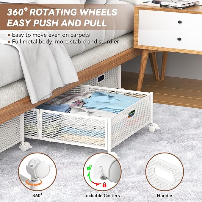 PHINOX Under Bed Storage with Wheels & Handle,Sturdy Metal,2 Pack,White | Tool-free assembly, glide smoothly, easy reach, foldable, maxmazie low-profile beds, dorm, keep seasonal clothes, shoes fresh