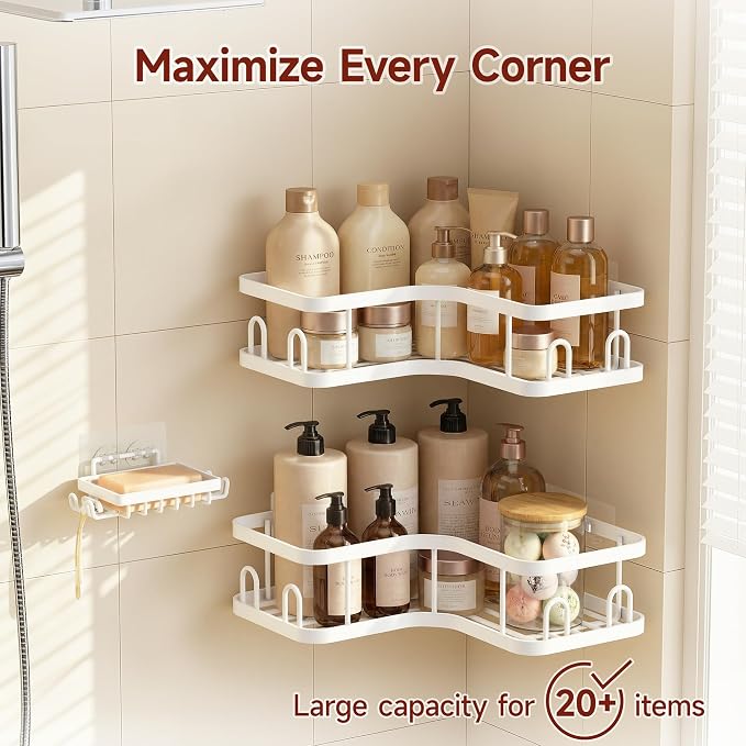 Veken Corner Shower Caddy 3-Pack, Advanced Rustproof Design&Stable Storage | No Drilling Adhesive Shelves, Rack with Soap Holder & Hooks, Thickened Metal Frame, Bathroom Organizers and Storage, White