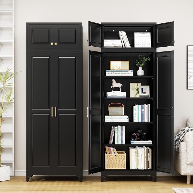 90” Tall Kitchen Pantry Cabinet,Metal Storage Cabinet with Doors and Adjustable Shelves,Modern Kitchen Hutch Cabinets,Freestanding Cupboard for Dining Room