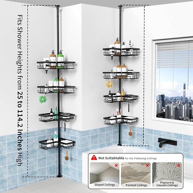 KEGII Corner Shower Caddy Tension Pole - Shower Tension Rod Organizer, Floor to Ceiling Shower Caddy 25-114.2 inch, Towel Rack Corner Waterproof, Black | 28 Hooks with Soap and Razor Holders, Heavy Duty 4-Tier Shelves for Family Bathtubs and Renters, A...
