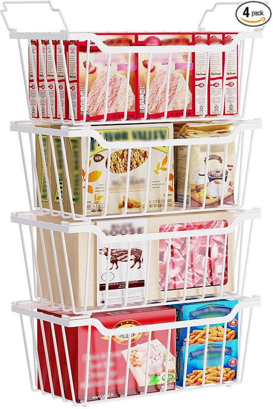 SUNALLY Freezer Organizer Bins, 4 Pack Stackable Pantry Storage Bins, White | Chest Freezer Organizer for 5-7 Cu.FT Deep Freezer to Sort Frozen Meats & Food, Wire Baskets for Pantry Organizers & Storage