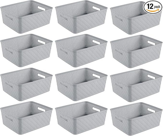 Sterilite 12 Pack Plastic Storage Bin Organization Containers, Short Baskets, Cement