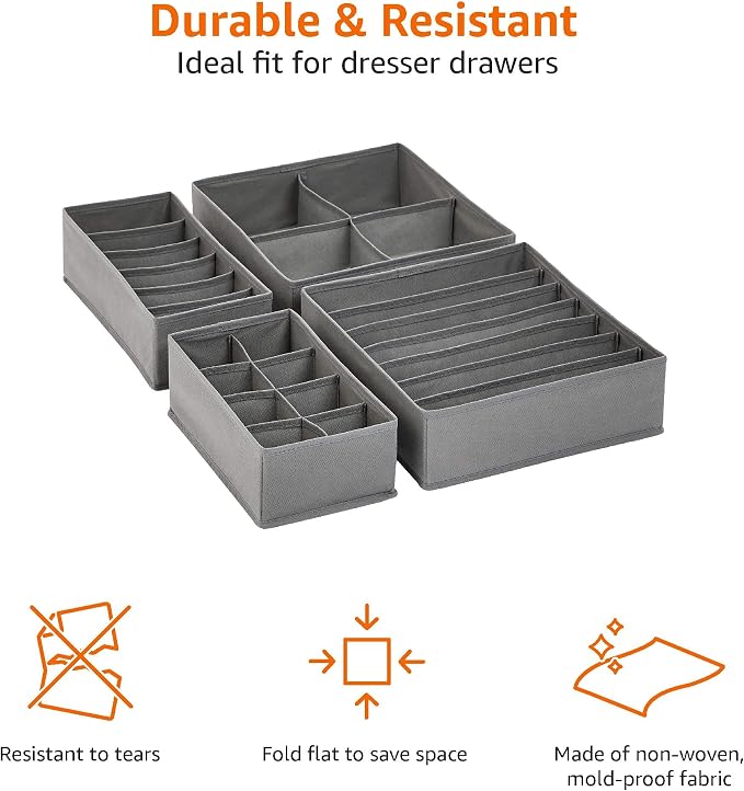 Amazon Basics Deep Drawer Organizer for Clothes, Collapsible Storage Boxes for Socks, Underwear and Baby Items, Set of 2, Gray | Set of 4