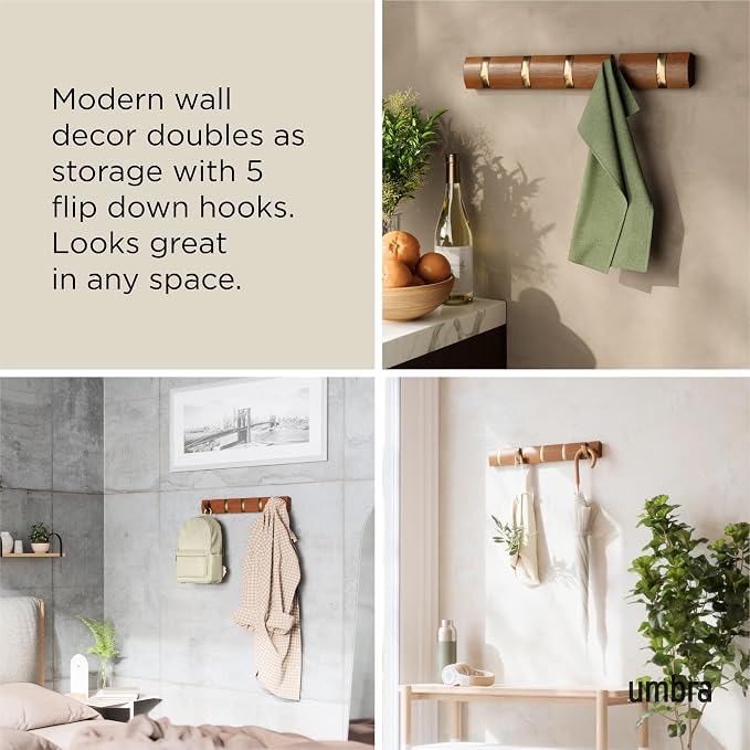 Umbra Flip Coat Rack, Wall Mounted 5-Hook Space Saving, Walnut/Gold | Real wood and steel build, retractable hooks fold flat, holds coats bags and scarves, easy install