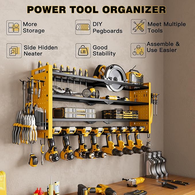 NattyDot Power Tool Drill Holder Wall Mount, 4Tier Garage Organizer, Yellow | 4-tier Utility Rack Stores 8 Cordless Drills, Batteries and Accessories while Freeing Extra Garage Wall Storage Space