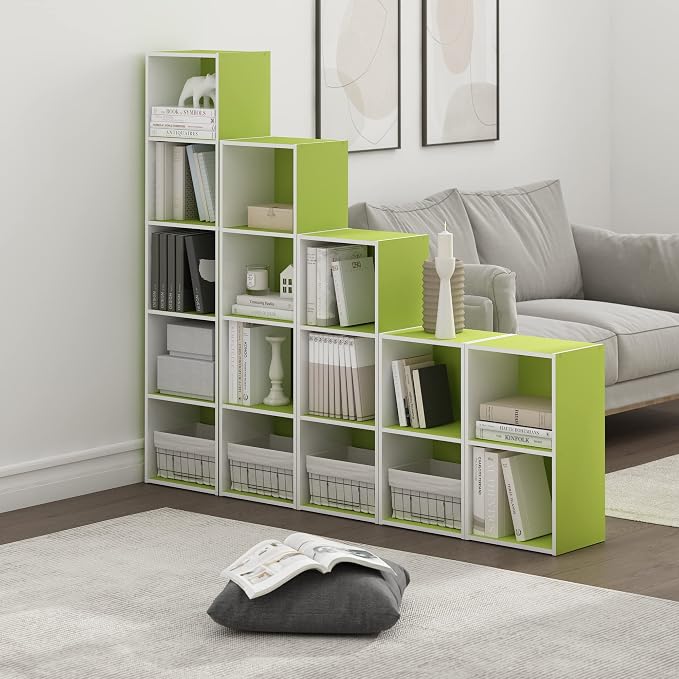 Furinno PASIR Book Shelf, 5-Tier Modern Bookshelf, Open Shelves Bookcase 9 x 12 x 52, Easy Assembly, for Living Room, Bedroom, Home Office, Green/White