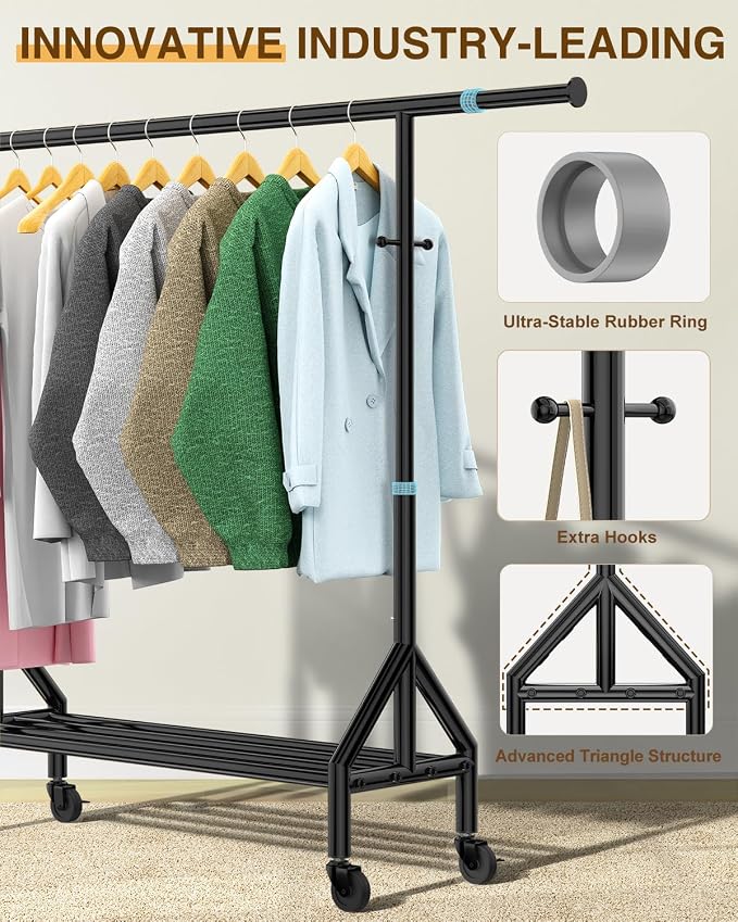 Heavy Duty Clothes Rack Load 520LBS, Adjustable Rolling Clothing Rack with Sturdy Wheel, Metal Industrial Closet Garment Racks for Hanging Clothes Coat, Portable for Bedroom, Laundry Living Room