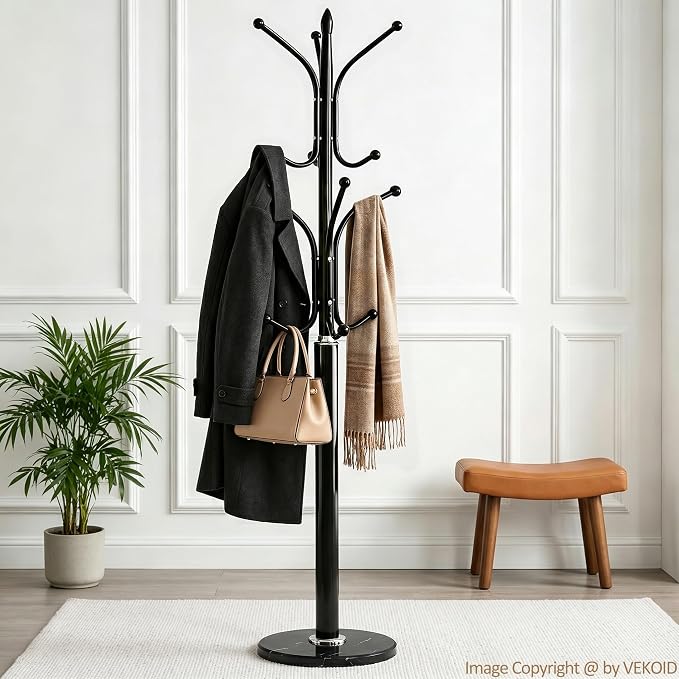 12 Hooks Metal Coat Rack Freestanding Coat Tree with Marble Base, Heavy Duty Coat Rack Stand for Clothes Hats Bags, Coat Hanger Stand for Corner Entryway Bedroom Office (Black)