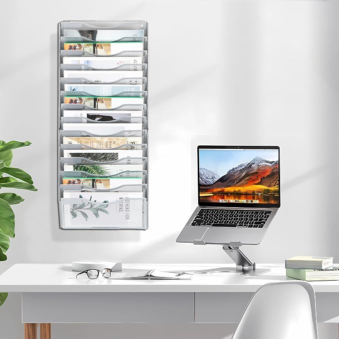 EasyPAG Wall File Organizer for Office 14 Pocket Mesh Wall Mounted Paper Organizer Hanging Folder Holder with Nametag Label for Home School, Silver