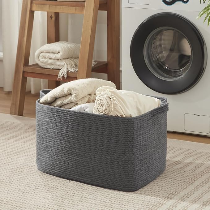OIASKET 95L Large Blanket Basket, Blanket Storage Living Room, Rectangle Woven Baskets for Storage Toys, Towels, Dirty Clothes Organizer Bins (Dark Grey)