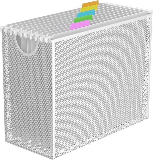 Letter-Size Hanging File Organizer (White, with 5 Grey Folders) | File Holder Filing Box for Desk, Metal Mesh Desk File Folder Storage for Office(No Assembly Required)