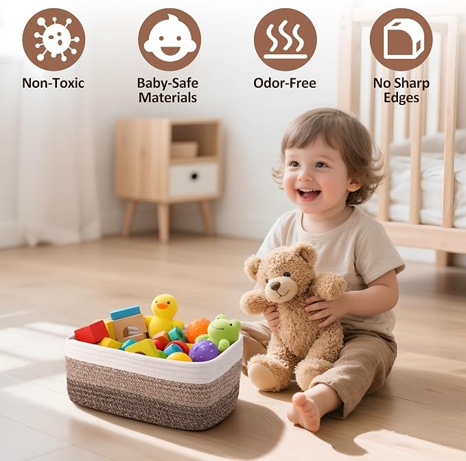 5-Pack Small Woven Rope Storage Baskets, 2 Sizes Organizer Bins | Fabric Cube Boxes and Rectangular Shallow Bins for Closet, Shelf, Bookshelf, Nursery, Changing Table, Bathroom, Toys & Home