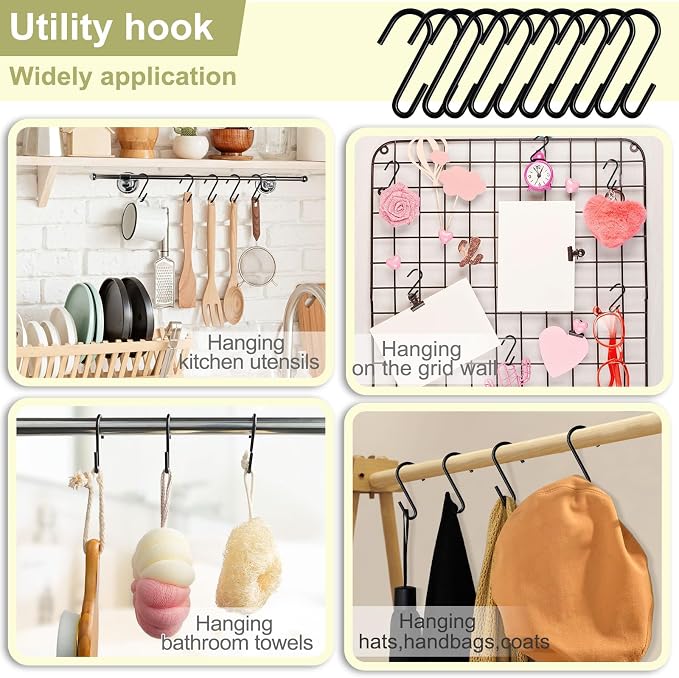 ESFUN 30 Pack 2.4 inches S Hooks for Hanging on Wire Shelves, Black S Shaped Hanging Hooks Hangers Pan Holder Pot Wire Rack Hooks for Kitchenware Spoons Pans Pots Utensils Jeans Bags Towels Plants,