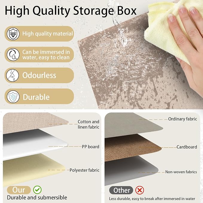 Yawinhe Collapsible Storage Boxes,Beige,10.2x7.9x6.7in,3-Pack | Fabric Storage bin with Lids, Washable Cube Organizer Basket; Container with Leather Handle,Closet Organizer for Home