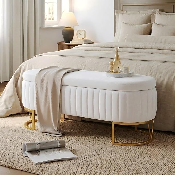 46" Storage Ottoman Bench, Velvet Oval End of Bed Bench Ivory | Easy 1-Min Assembly, High-Resilience Foam, Large Hidden Storage, Sturdy Gold Metal Legs