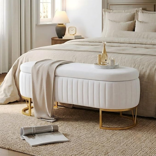 46" Storage Ottoman Bench, Velvet Oval End of Bed Bench Ivory | Easy 1-Min Assembly, High-Resilience Foam, Large Hidden Storage, Sturdy Gold Metal Legs