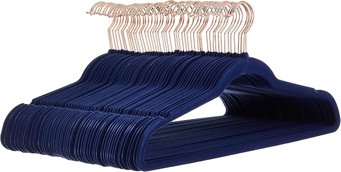 Amazon Basics Slim Velvet Non-Slip Space Saving Suit Clothes Hangers, Sturdy Construction, Navy Blue/Rose Gold, 50-Pack