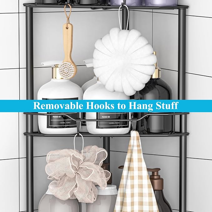HuggieGems 4 Tier Floor Standing Corner Shower Caddy Organizer Shelf with Hooks, Bathroom Shelves Stand Rack, Matt Black