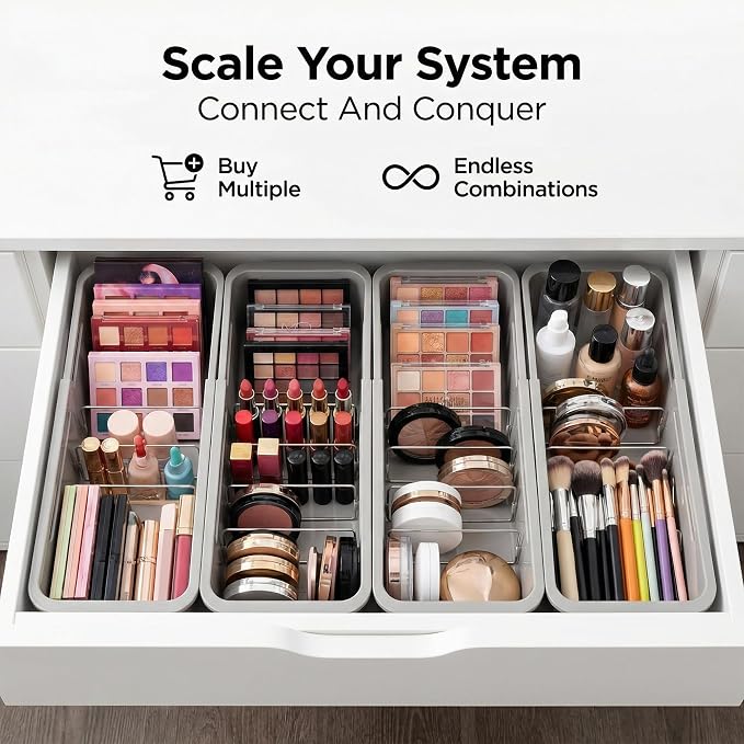 Li&Zhao Drawer Organizer- Adjustable Storage Bins with 5 Dividers, Gray Clear Drawer Organizer for Kitchen, Bedroom, and Office, Expandable clear organizer bins for Makeup, Utensils, and Gadgets