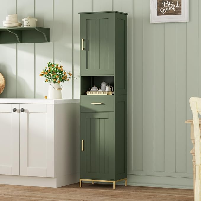 Homhedy 67" H Bathroom Storage Cabinet, Tall Bathroom Cabinet, Green | Narrow Cabinet with Doors and Drawer, Adjustable Shelves, Floor Cabinet for Bathroom, Living Room, Kitchen, Dining Room