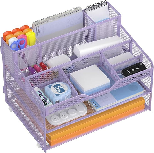 Docnest 3 Tier Mesh Desk Organizer with Letter Tray & Paper Sorter, Purple | Features 3 built-in pen holders & 5 adjustable compartments on top. Includes 4 non-slip rubber feet for desk protection