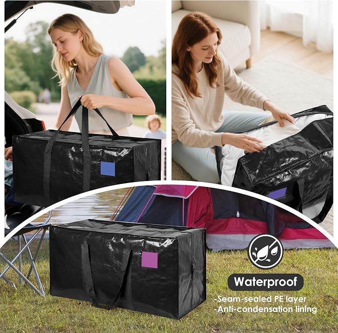 6 Pack Moving Bags with Full-Open Side Zipper, Extra Large 93L Heavy Duty Waterproof Foldable Storage Totes for College Dorm, Moving & Home Organization Black