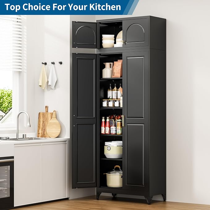 90" Tall Metal Kitchen Pantry Storage Cabinet with Doors | Black Freestanding Heavy Duty Steel Cupboard, 5 Adjustable Shelves,Extra Large Organizer for Home and Garage (2 Boxes)