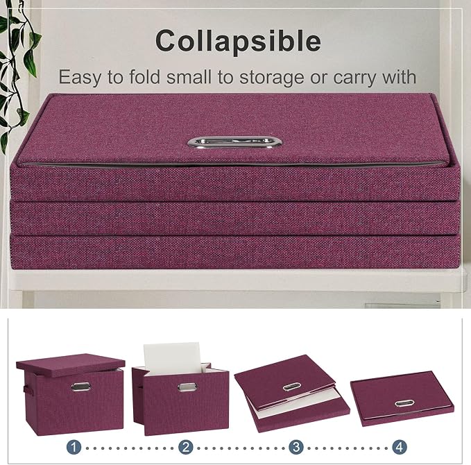 Storage Bins with Lids Fabric Closet Organizers Cubes Office Organization | 36 Quart 3 Pack Purple Collapsible Stackable Linen Fabric 4 Handles Bedroom Closet Cabinet Under Bed Clothes Toy Office File