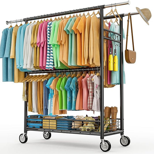 Heavy Duty Clothes Rack Load 960LBS, Three Rods Rolling Clothing Racks for Hanging Clothes, Rolling Garment Rack With Sturdy Wheels Shelves Hooks, Portable & Adjustable Commercial Garment Rack, Black
