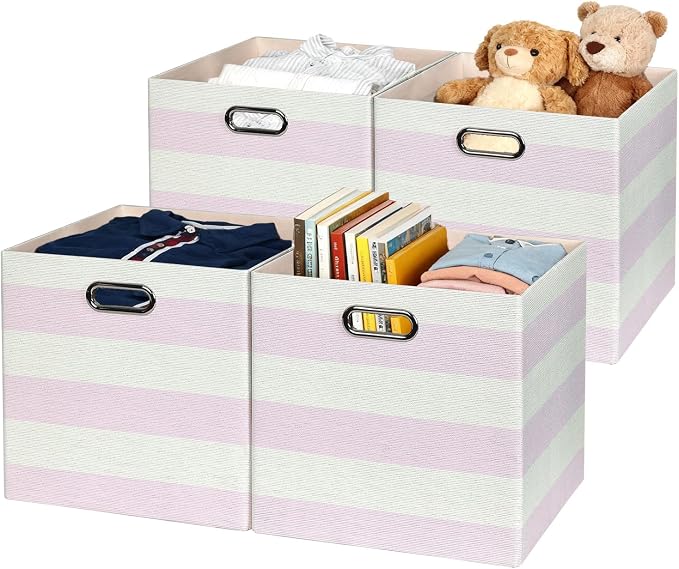 Storage Bins Storage Cubes,13×13×13 Collapsible Storage Boxes Containers Organizer Baskets - 4pc, Light Pink Striped