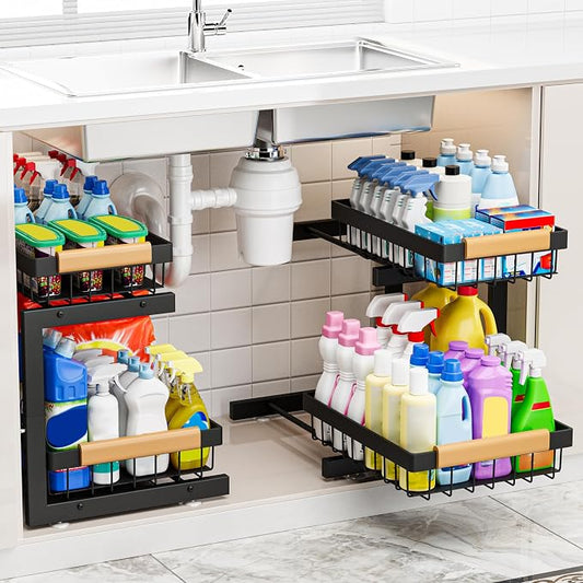 ADBIU Under Sink Organizer 2 Packs 2 Tier Expandable Height Under-Sink Organizers Slide Out Pull Out Organizer Shelf, Black