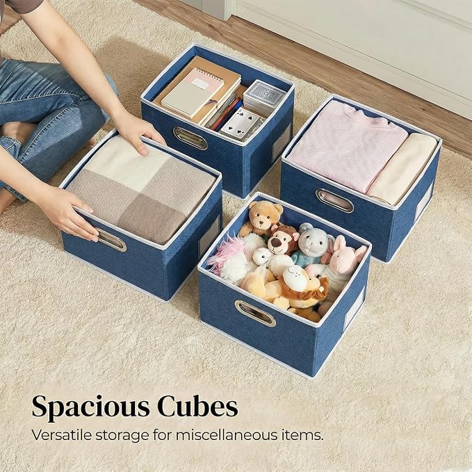 PRANDOM Storage Bins with Lids [3-Pack] Linen Fabric Foldable Storage Boxes Organizer Containers Baskets Cube with Cover for Bedroom Closet Office Royal Blue（11.4X8.6X6.7
