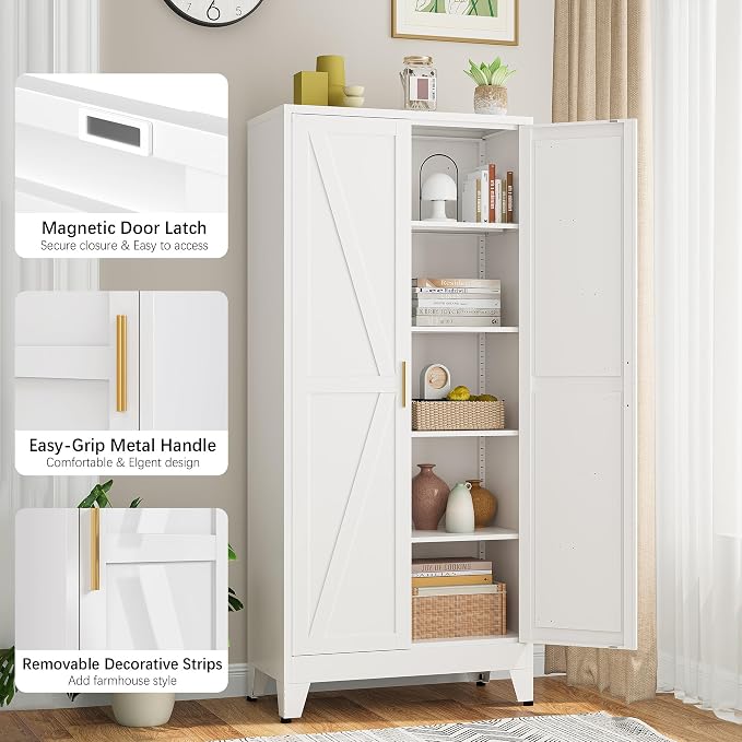 Bevivog 71" Kitchen Pantry Cabinet, Metal Storage Cabinet with 2 Doors and 4 Adjustable Shelves, Farmhouse Tall Food Cabinet Pantry Shelves Storage for Kitchen, Home Office, Living Room, Laundry