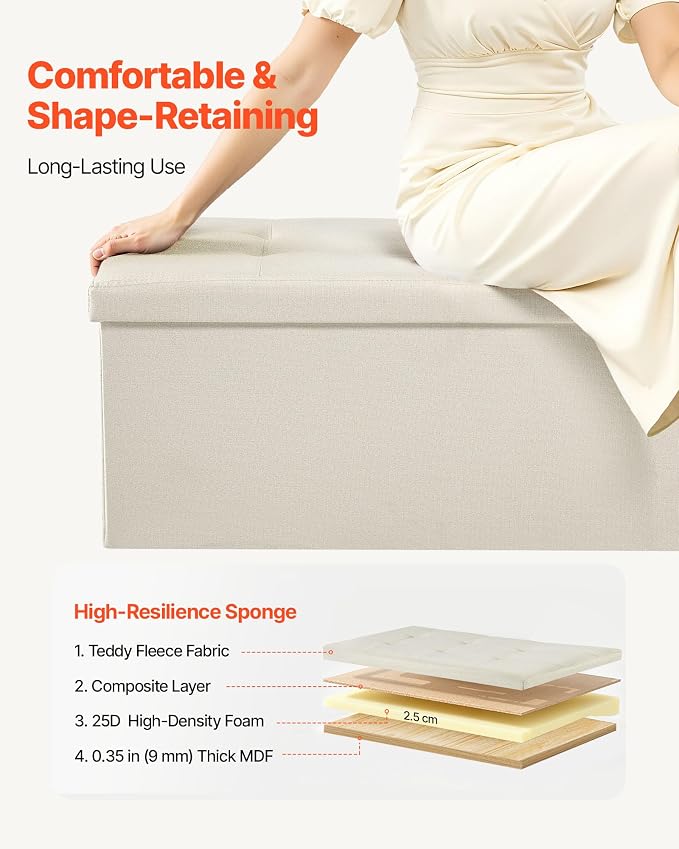 VEVOR Foldable Storage Ottoman Bench, End of Bed Bench with Side Bags, Folding Upholstered Storage Chest Supports 660 lbs, Linen Bed Ottoman with Large Space for Living Room, Bedroom, Entryway, Beige