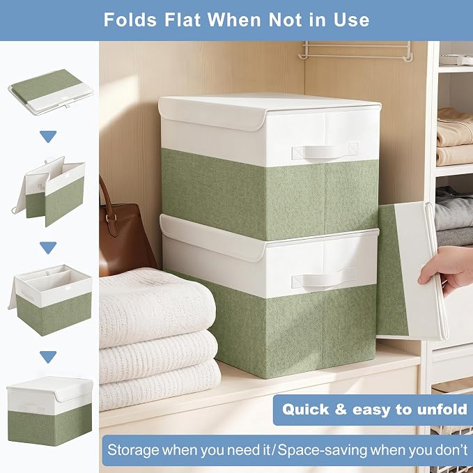 Large 17" 42 Quarts Collapsible Stackable Storage Bins with Lids [3-Pack] Foldable Fabric Linen Storage Boxes Cube, Closet Organizer Baskets with Label for Home (16.7 x 12 x 12", Green & White)