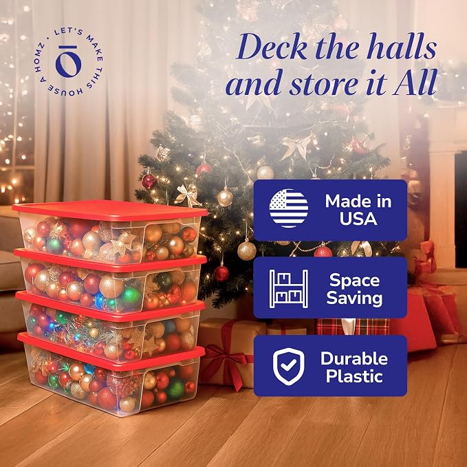 HOMZ 4-Pack Holiday Tote, Clear Plastic Storage Organizer Bins with Lids, 41 Quart, Red - Stackable Organizing Containers for Home, Garage, and Office