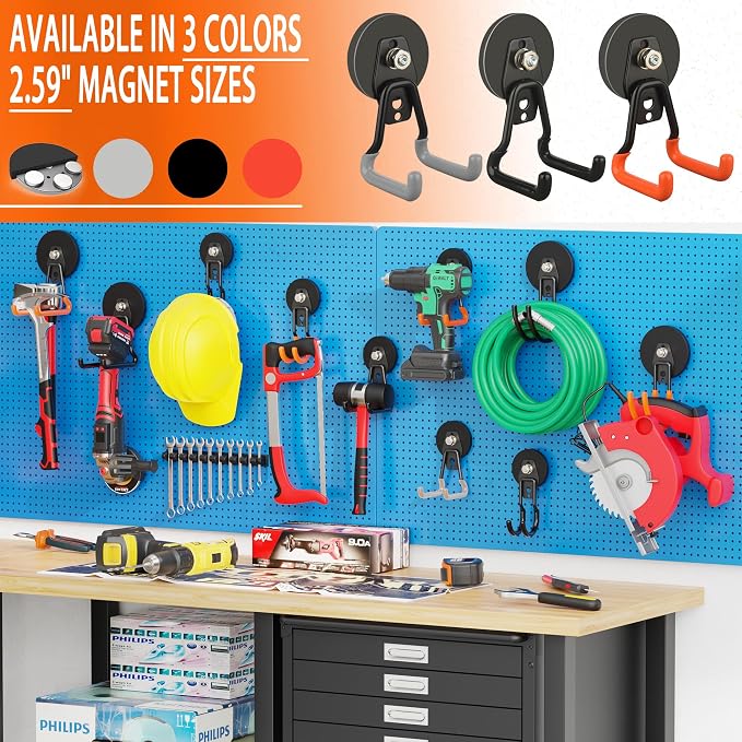 ULIBERMAGNET Upgraded Heavy Duty Magnetic Hooks,4 Pack Strong Large Magnet Hook for Power Drill,Garden Tools,Hose,Pegboard,Garage,Workshop,Magnetic Storage Hooks for Indoor Outdoor Hanging(Gray)