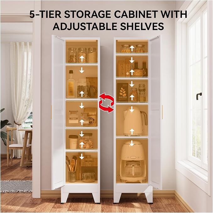 67" Tall Storage Cabinet with Reversible Doors and Adjustable Shelves,Metal Slim Freestanding Cabinet for Bathroom Kitchen Garage Small Spaces,White1 Pack