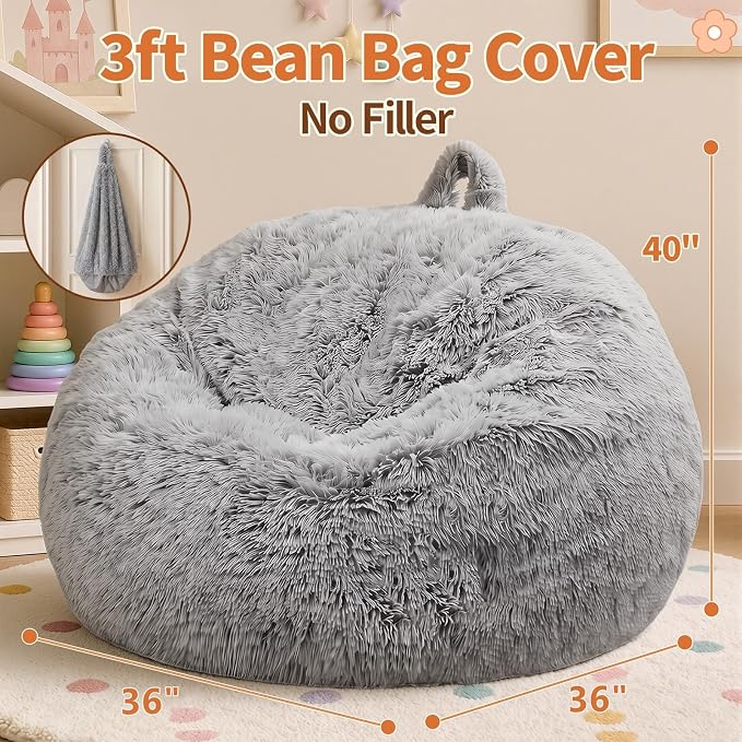 Stuffed Animal Storage Bean Bag Chair Cover, Soft Bean Bag Cover | Fluffy Faux Fur Stuffed Animal Storage Chair, Non-Slip Bottom, Fill with Plush Toys or Blankets, for Adults Teens Kids Girls