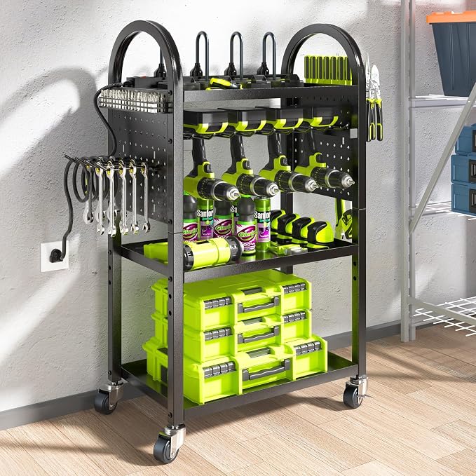 Power Tool Organizer Cart with Charging Station,Garage Floor Rolling Storage on Wheels for Mechanic,Mobile 8 Drill Holder, Utility Cart with Battery Charging 8 Outlet Power Strip